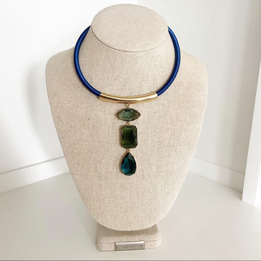 Carolee Blue Green Statement Necklace Gold Gem Pendant Modern Chunky Collar NWT